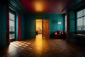un habitación con azul paredes y de madera pisos generado por ai foto