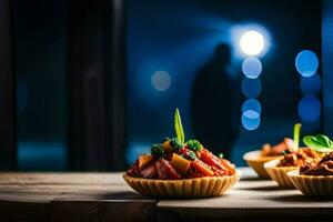 three mini pies on a wooden table. AI-Generated photo