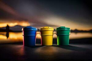 three colorful trash cans sit on a table in front of a lake. AI-Generated photo