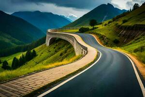 un devanado la carretera en el montañas con un puente. generado por ai foto