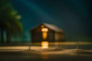 a small house in the sand with a light shining on it. AI-Generated photo