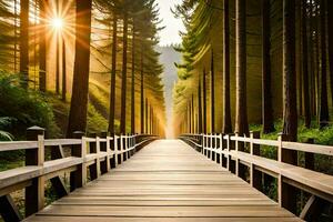 un de madera puente Guías a un bosque con Dom brillante mediante el arboles generado por ai foto