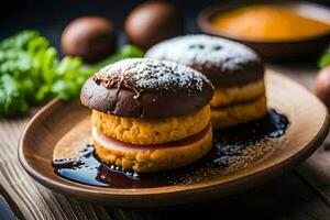 two small sandwiches on a wooden plate. AI-Generated photo