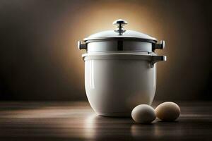 a white pot with eggs on a table. AI-Generated photo