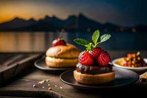 two small cakes with strawberries and mint on a wooden table. AI-Generated photo