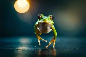 a frog is standing on a dark surface. AI-Generated photo