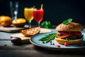 a hamburger with vegetables and fruit on a plate. AI-Generated photo