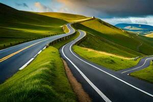 a winding road in the mountains with grass and hills. AI-Generated photo