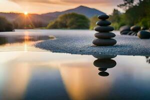 a stack of rocks is sitting on the shore of a lake. AI-Generated photo