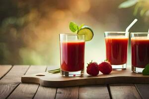 three glasses of juice with strawberries and cucumber. AI-Generated photo