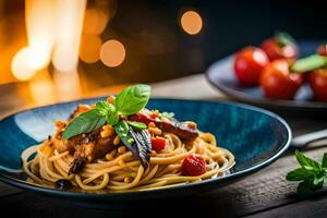 spaghetti with tomato sauce and chickpeas in a blue bowl. AI-Generated photo