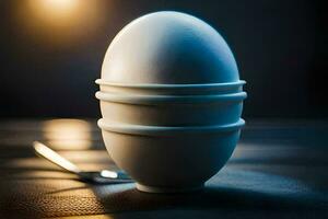 an egg sitting on a table with a fork. AI-Generated photo