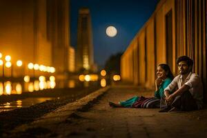 un Pareja sentado en el suelo en frente de un edificio a noche. generado por ai foto