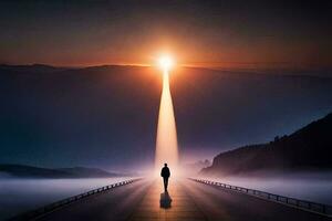 a man standing on a road with the sun shining through the fog. AI-Generated photo