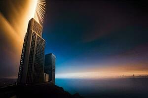 un alto edificio con un largo exposición disparo. generado por ai foto