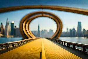 un puente con un amarillo puente y ciudad en el antecedentes. generado por ai foto