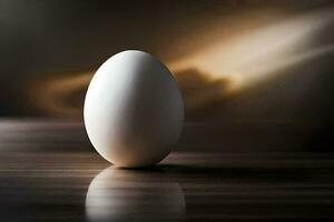 un huevo sentado en un mesa con un borroso antecedentes. generado por ai foto