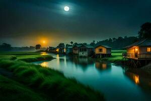 un río a noche con casas y un lleno Luna. generado por ai foto