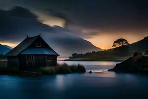 a small cabin sits on the shore of a lake at sunset. AI-Generated photo