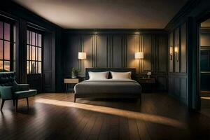 a bedroom with dark wood floors and a bed. AI-Generated photo