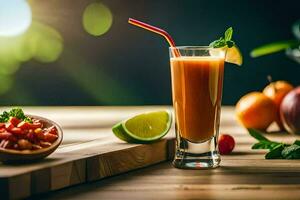 a glass of juice with a lime and a slice of tomato. AI-Generated photo