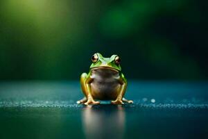 un rana sentado en un oscuro superficie con un verde antecedentes. generado por ai foto