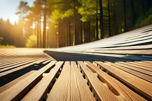 un de madera banco en el medio de un bosque. generado por ai foto