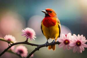 a colorful bird sits on a branch with pink flowers. AI-Generated photo