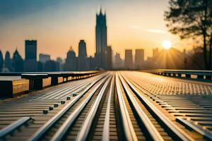 a view of the city skyline from a train track. AI-Generated photo