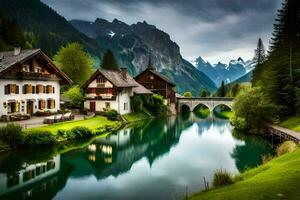 photo wallpaper mountains, river, house, the swiss alps, switzerland, the sw. AI-Generated