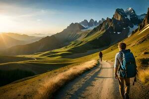 a man with a backpack walks down a dirt road in the mountains. AI-Generated photo