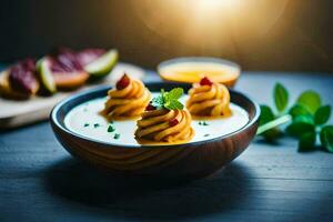 a bowl of soup with a spoon and a slice of fruit. AI-Generated photo