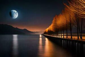 un muelle con arboles y un Luna en el cielo. generado por ai foto