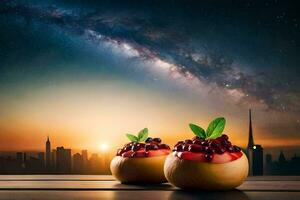 pomegranate dessert with the milky sky background. AI-Generated photo