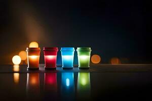 a row of colorful cups on a table with a light in the middle. AI-Generated photo