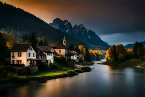 photo wallpaper the sky, mountains, river, house, autumn, the mountains, the river,. AI-Generated