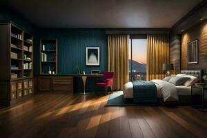 a bedroom with a wooden floor and blue walls. AI-Generated photo