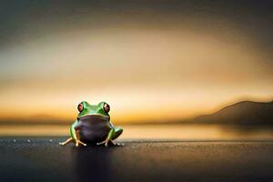 a frog sitting on the ground at sunset. AI-Generated photo