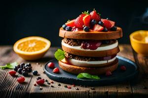 a stack of three cakes with berries and oranges. AI-Generated photo