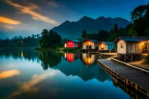 colorful houses on a dock at dusk in the mountains. AI-Generated photo