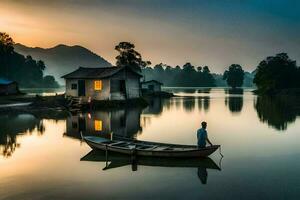 a man in a boat on the water at sunset. AI-Generated photo