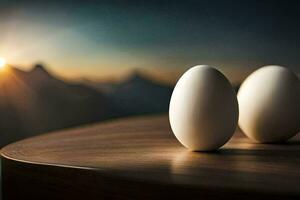 dos huevos en un mesa con un puesta de sol en el antecedentes. generado por ai foto