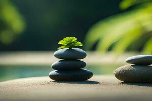 two stones stacked on top of each other with a plant growing out of one. AI-Generated photo