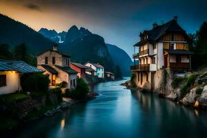 un río carreras mediante un pueblo a oscuridad. generado por ai foto