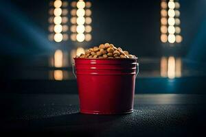 a red bucket filled with peanuts sitting on a table. AI-Generated photo