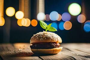 un hamburguesa en un de madera mesa con luces en el antecedentes. generado por ai foto