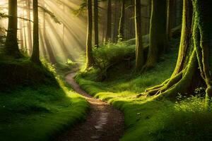 a path through a forest with sunbeams shining down. AI-Generated photo