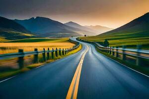 a long road with mountains in the background. AI-Generated photo