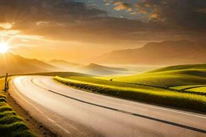 a road in the middle of a green field with the sun setting. AI-Generated photo