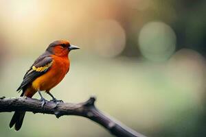 a small orange bird is sitting on a branch. AI-Generated photo